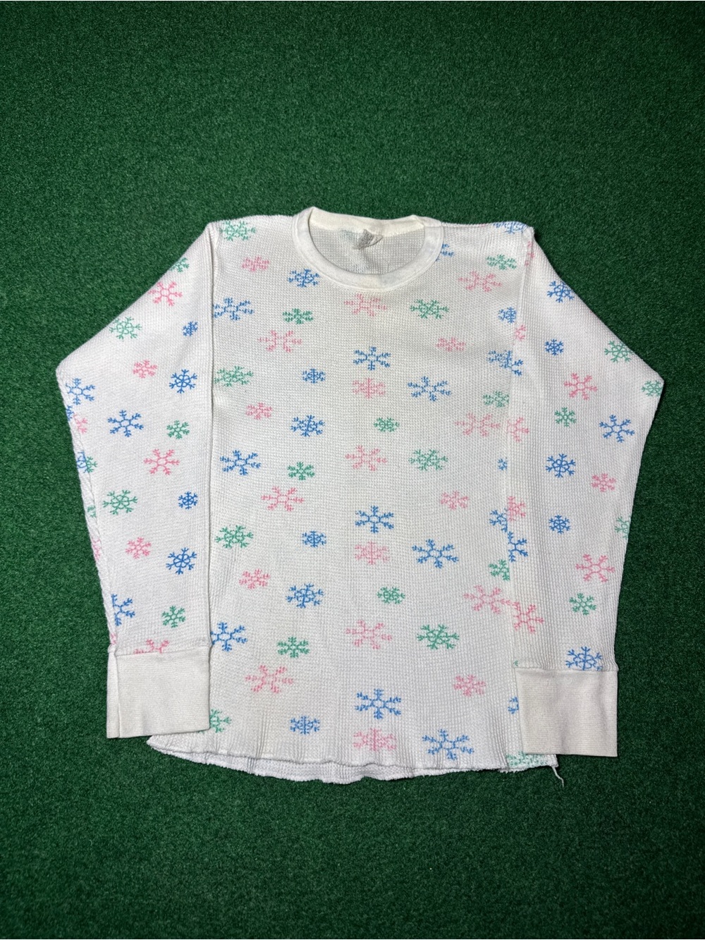Waffle Knit Thermal Long Sleeve Vintage 70s Snowflake Print Foral Girls XL